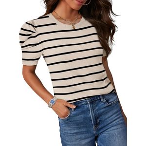 FOXA Suéter de punto a rayas con mangas abullonadas para mujer, cuello redondo, manga corta, informal, de verano, suave y ligero - Product Image 2