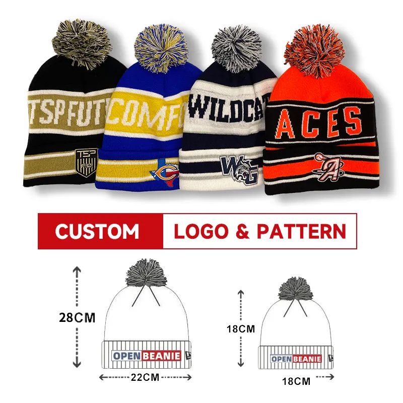 Wholesale Winter Ski Hat Toque Embroidery Logo Knitted Striped Beanie Hat With Pom Pom