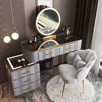 Ensemble de coiffeuse moderne avec miroir et tiroirs ondulés, éclairage LED intelligent en bois pour la chambre à coucher