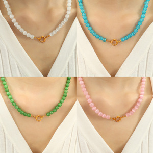 Colored Natural Stone <b>Beaded</b> <b>Necklace</b> Round Ball Shape Casual Style Clavicle Chain Women's Jewelry - Product Image 4