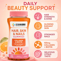 Gummies au collagène et à la biotine pour cheveux, peau et ongles, 100 mg, saveur agrumes tropicaux, complément alimentaire, 140 gummies, collagène par portion