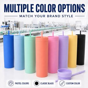 Gobelets fins en plastique acrylique mat de 16 oz, réutilisables, sans BPA, à double paroi, avec couvercles et pailles, personnalisables avec logo, pour la vente en gros et le DIY - Product Image 3