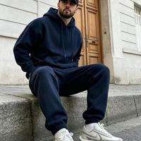 Setelan Olahraga Kasual Musim Dingin Fleece Tebal Polos Warna Hitam Dicuci, Hoodie dan Celana Panjang, Produsen, Pesanan Grosir