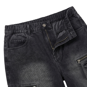 TOPSHOW OEM Pantalones Cortos de Mezclilla Negros Personalizados con Doble Rodilla para Hombre, Estilo Carpenter, Desgastados, Holgados, Vintage, Streetwear, Jorts - Product Image 4