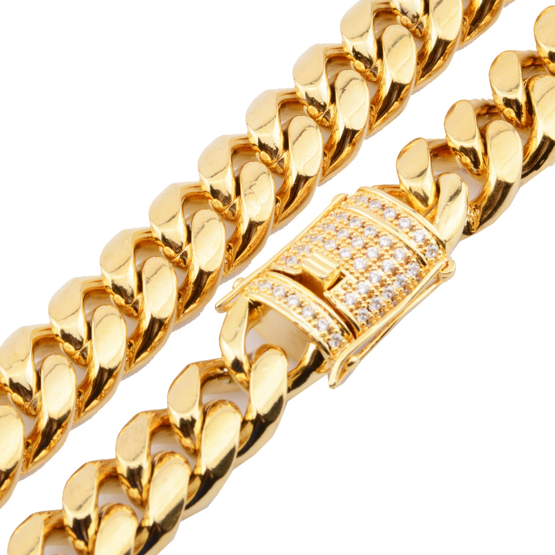 10mm Gold Titanium Steel Stainless Steel Cuban Chain Micro-Inlaid White  Zircon Diamond Buckle Crypto Necklace Number