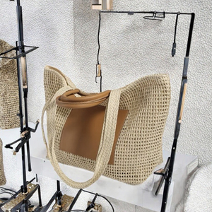 Sac fourre-tout en paille naturelle tressée pour femme avec doublure en cuir véritable, ouverture supérieure, bandoulière, sac à main décontracté de plage, léger - Product Image 2
