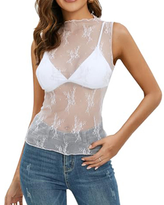 Top in maglia Sexy a strati trasparenti personalizzato in fabbrica per donna sera Night Party Club senza maniche con ricamo floreale prospettiva Top - Product Image 4