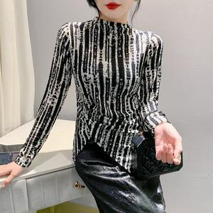 Otoño Invierno nueva moda impresa medio cuello alto Slim Fit pulóver patrón de <span class=keywords><strong>cebra</strong></span> <span class=keywords><strong>Camiseta</strong></span> de manga larga camisa de fondo para <span class=keywords><strong>mujer</strong></span> - Product Image 4