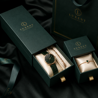 Boîte à tiroir coulissant émeraude pour montre, bracelet et ensemble de bijoux avec estampage doré, logo personnalisé, emballage cadeau pour bijoux