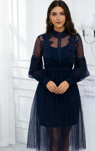 Robe mi-longue trapèze en dentelle marine pour femme grande taille, décontractée d'été, transparente en maille, à manches longues et cintrée à la taille - Product Image 3