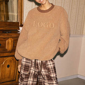 Custom Winter Casual <strong>Oversize</strong> Warm Brown <strong>Fluffy</strong> Sweatshirt Crew Neck <strong>Jumper</strong> with Pockets Sherpa Fleece Pullover Top for Women - Product Image 4