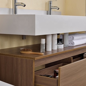 Meuble-lavabo double vasque moderne <span class=keywords><strong>avec</strong></span> structure en contreplaqué et MDF, vasque en céramique, design mural, <span class=keywords><strong>miroir</strong></span> intelligent inclus - Product Image 4