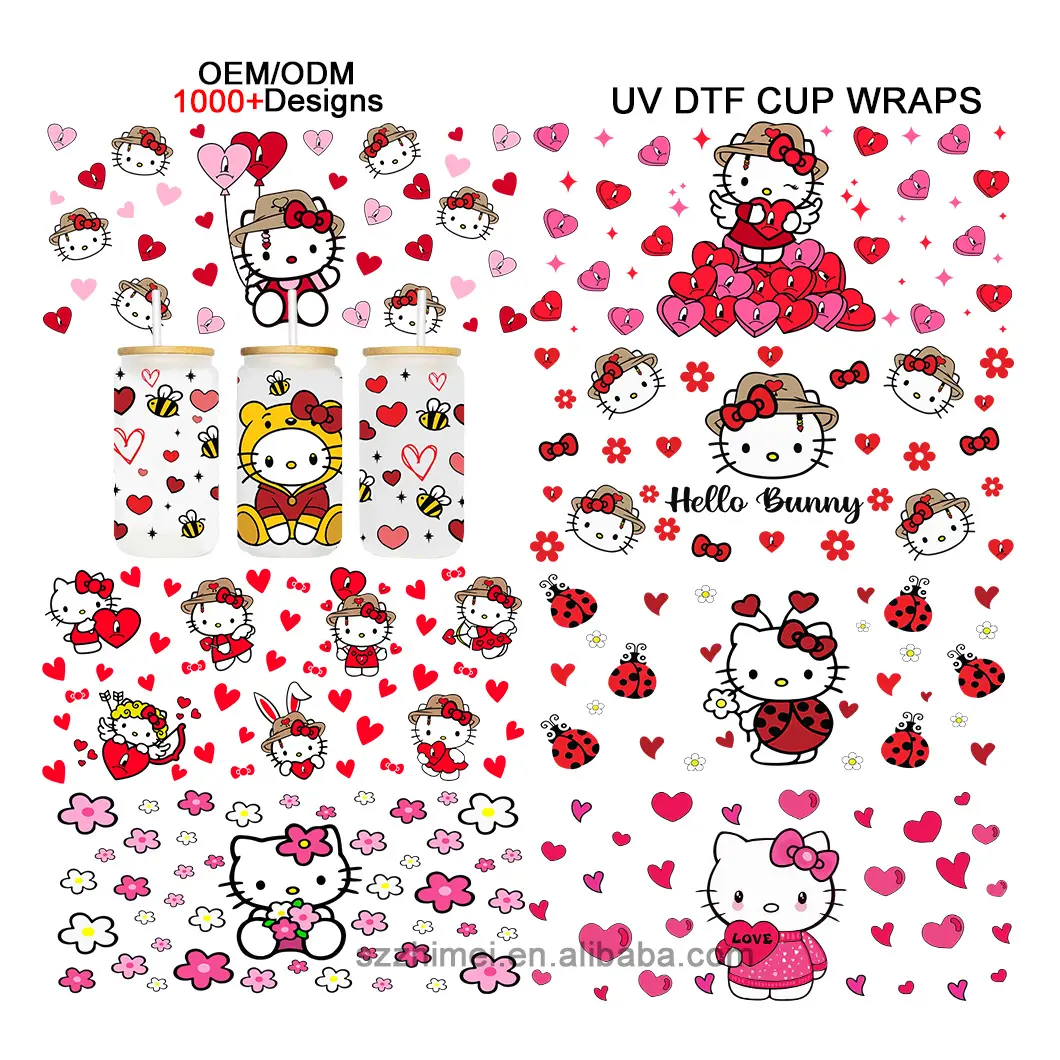 Kustom uvdtf Libbey kaca dapat membungkus transfer lucu kartun Kawaii Hari Valentine kucing hello kitties 16oz uv dtf cangkir membungkus