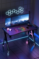 Bureau de jeu ergonomique AOR ESPORTS H, style racing, avec structure métallique moderne, surface en bois, éclairage RGB et texture fibre de carbone