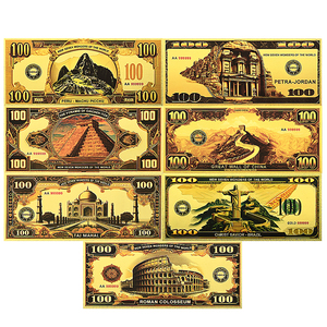 Ensemble de billets de banque imprimés en feuille d'or double face 24 carats, Sept Merveilles du Monde, 100 pièces, collection de devises, cadeau, Machu Picchu, Taj Mahal - Product Image 1