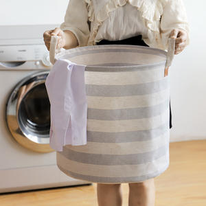 Panier de rangement rond pliable en coton et lin rayé pour la salle de bain, organisateur de vêtements, petite et grande taille - Product Image 5