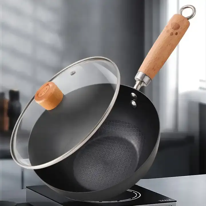 Desain baru peralatan dapur antilengket wajan penggorengan besi cor Jepang tidak dilapisi dengan pegangan kayu & tutup untuk makanan satu orang