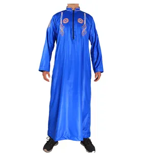 Muslim Front Zipper Man Thobe Shiny Colors Qatari Style Robe With Long Sleeve