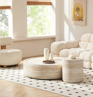 Ensemble de table basse moderne en faux travertin crème, table centrale ronde en résine avec table d'appoint assortie pour le salon
