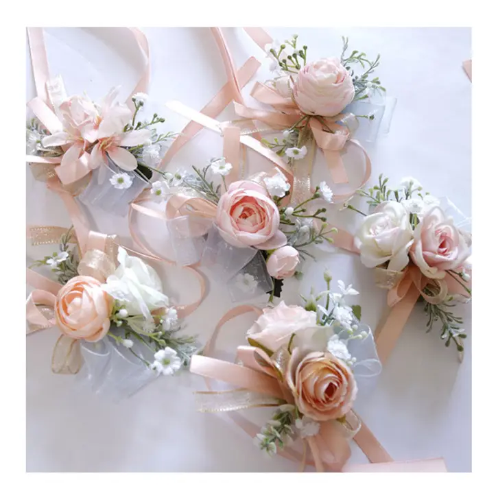 Şampanya pembe yapay bitkiler ve çiçekler düğün gül çiçek broş korsaj yaka çiceği