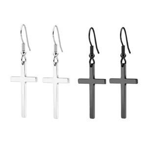 Christian religious ear hook dangle drop jewelry silver/gold/black plated stainless steel big cross earrings for men women