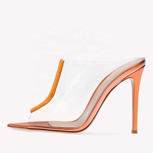 Sandales d'été à talons aiguilles en PVC pour femme, grande taille 46, à bout ouvert, avec strass, mules habillées - Product Image 3