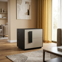 Table de chevet moderne en MDF E0 avec plateau en bois, 2 tiroirs, poignées verticales, style minimaliste et écologique, pour chambre à coucher et mobilier de maison