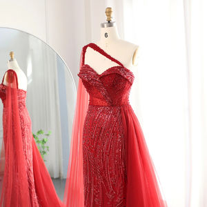 Burgunder eine Schulter Meerjungfrau Abendkleider mit Cape Over skirt Frauen Hochzeits feier lange Prom formelle Kleider Sz129-1 - Product Image 4