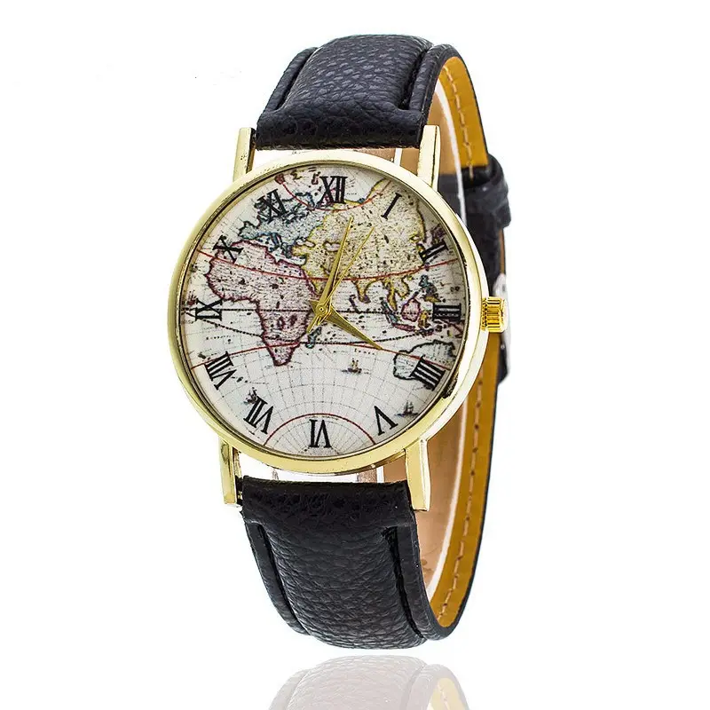 Luxury Women Watches Leather Strapped Alloy World Map Unisex Wrist Watch Stainless steel back Quartz Watch