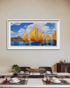 Tableau d'artiste signé Zhang Jishi - Œuvre originale Le navire au trésor de Zheng He - Impression sur toile de qualité muséale - Nature morte encadrée blanche - Décoration murale Art Déco - Product Image 5