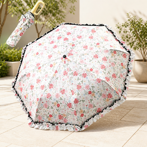 Parapluie pliant à trois sections à motif floral, ouverture manuelle, poignée à boucle de voyage, cadeaux, protection solaire et pluie, portable, anti-UV, avec logo - Product Image 4