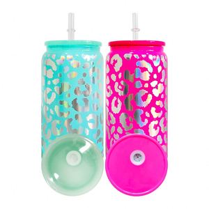 Venta al por mayor desde almacén en China: Latas de vidrio de 16 oz con estampado holográfico de leopardo y tapas de PP coloridas - Product Image 2