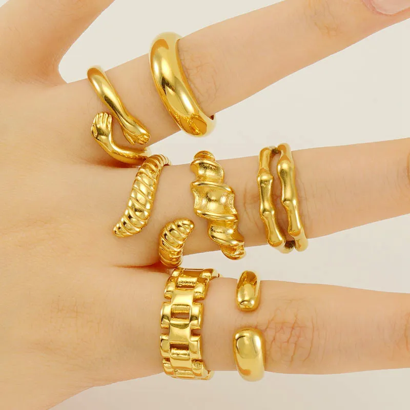 Trendy steel rings wholesale bulk geometric custom designer simple rings gold plated rings women