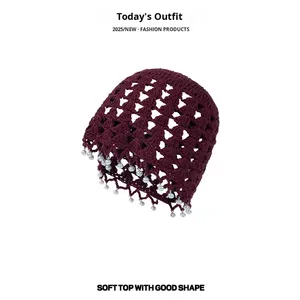 Haute qualité femmes décontracté couleur unie Crochet <span class=keywords><strong>Bonnet</strong></span> chapeau évider Beanie pour la décoration de cheveux - Product Image 3