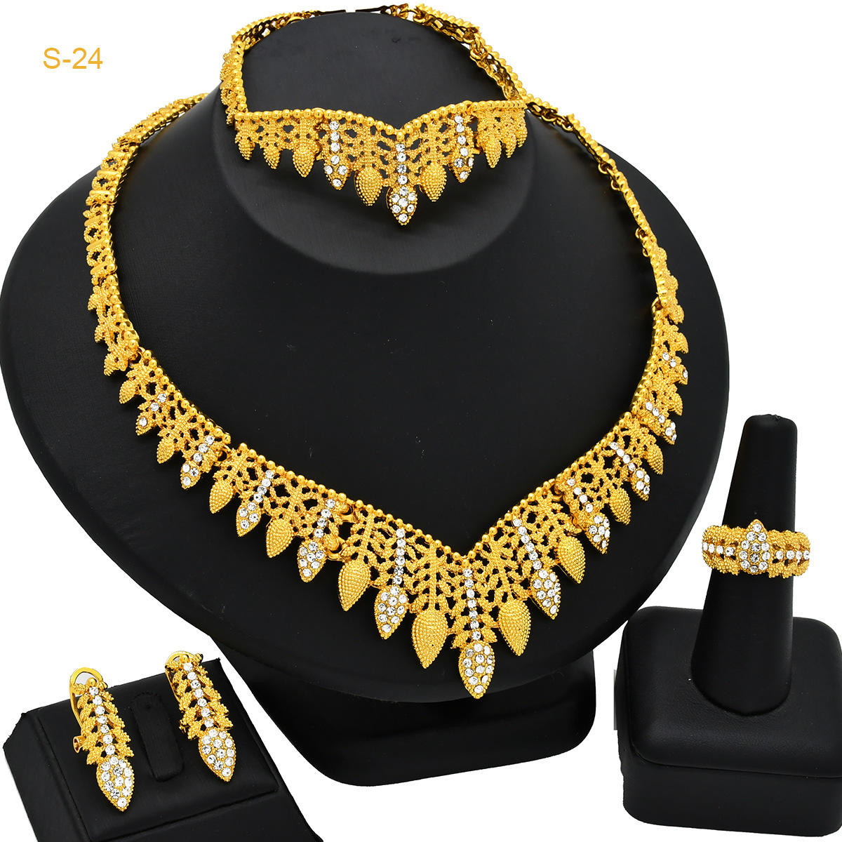 Statement Necklace Bracelet Earrings Rings Rhinestone Wedding Jewelry Sets  24k Gold Plated Flower Dubai Jewelry Sets 2024