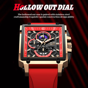 Reloj de Cuarzo de Lujo para Hombre LIGE LG8986, Esfera Cuadrada Roja, Gran Esfera, Resistente al Agua, Cronógrafo Luminoso, Correa de Silicona Deportiva de 22 mm, Analógico - Product Image 3