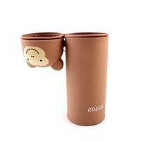 Boîte à crayons en PVC durable personnalisée pour enfant, étui à crayons en silicone souple marron avec impression de singe mignon et fermeture éclair