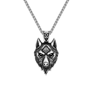 Collier pendentif tête de loup en acier inoxydable style nordique, 60 cm, design géométrique, bijoux pour homme, cadeau - Product Image 5