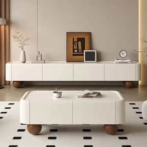 Meuble TV moderne en bois massif avec plateau en pierre de style crème, blanc, personnalisable pour salon - Product Image 1