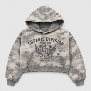 Sweat à capuche personnalisé 450 g/m² en coton 100 % molleton bouclette, effet délavé soleil, avec strass et imprimé graphique vieilli, coupe ample, style streetwear, pour homme, vente en gros - Product Image 1