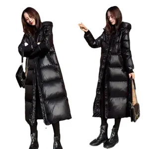 패션 여성 중반 길이 두꺼운 겨울 후드 여성 코트 반짝 이는 한국어 느슨한 겨울 자켓