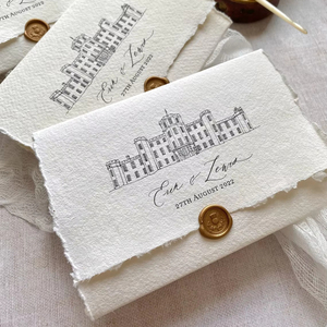 Château lieu <span class=keywords><strong>croquis</strong></span> invitations <span class=keywords><strong>de</strong></span> mariage Illustration invite à la main Deckle bord coton papier typographie cartes <span class=keywords><strong>de</strong></span> mariage - Product Image 1