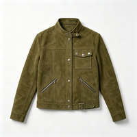 Blouson moto en daim délavé vert olive pour homme, style vintage, effet usé, poches zippées, streetwear, vêtement d'extérieur
