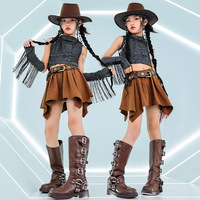 Costumes de danse jazz pour filles, style cowgirl western, haut court gris anthracite vieilli, jupe irrégulière marron, pour spectacle scénique enfant