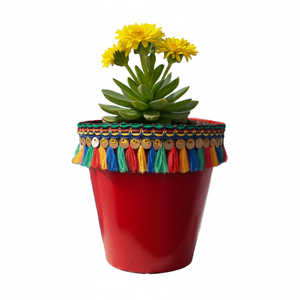 NF Lauren Red Tassel Flower Pot Private Label Decorative <b>Plastic</b> Garden <b>Planter</b> Boho Style Hand Decorated Desktop Plant Pot - Product Image 2