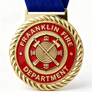 Medalla del Departamento de Bomberos de Franklin, Chapada en Oro, Aleación de Zinc, Esmalte Duro, Circular con Cinta, Regalo Empresarial - Product Image 1