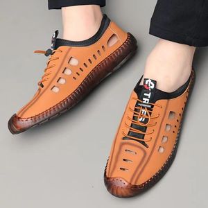 Summer <b>Mens</b> High Top Outdoor <b>Leather</b> Shoes Soft Soles Lightweight Breathable Non-slip Wear Resistant Hollow Hole - Product Image 5