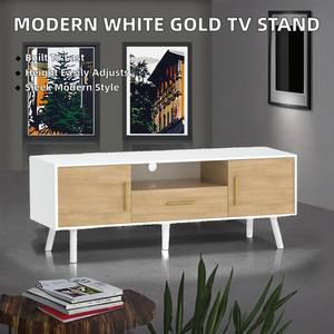 Meuble TV console de salon moderne de luxe en métal blanc doré, ensemble de meubles avec tiroirs et portes réglables en hauteur pour rangement - Product Image 2