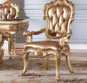Chaises de salle à manger classiques européennes de luxe en bois massif avec accoudoirs dorés, meubles de <span class=keywords><strong>restaurant</strong></span> en bois massif et cuir véritable pour la maison - Product Image 4