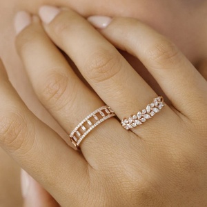 Bagues de luxe en argent sterling 925 plaqué or 14 carats avec deux rangées de zircons taillés en marquise et ronds, bijoux fins pour femmes, décontractées ou de mariage - Product Image 3